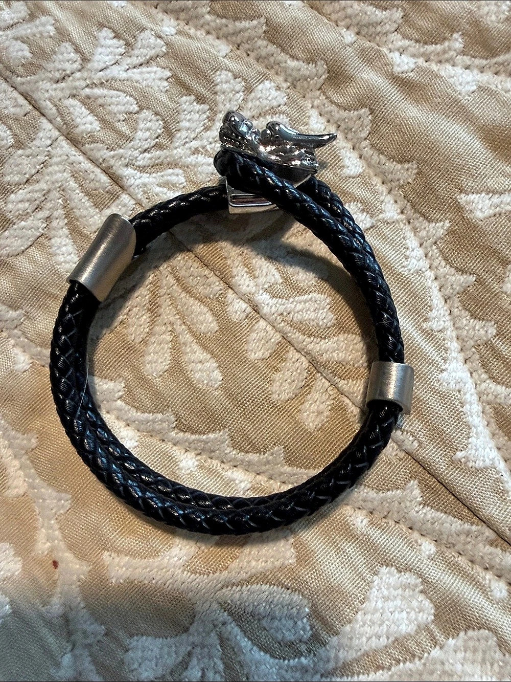 Black leather & Silver Braided Dragon Clip Bracelet